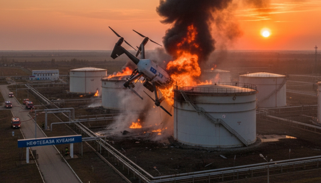 Дрон упал на нефтебазу Кубани вызвав крупный пожар